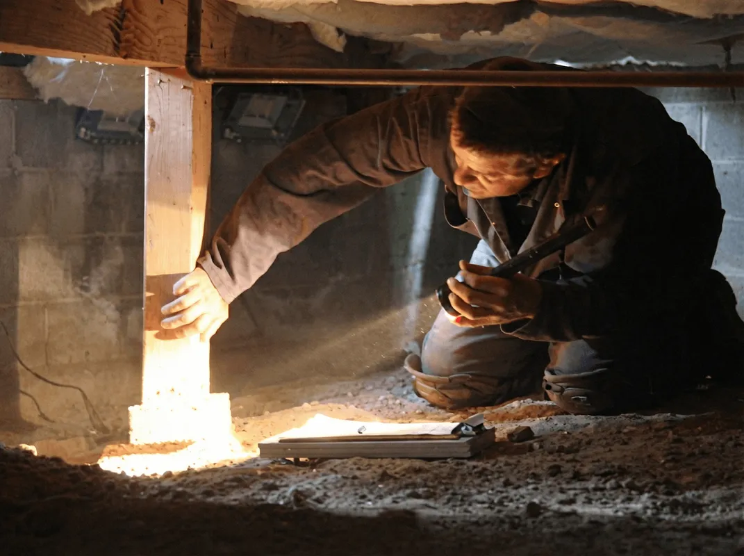 A professional inspecting wooden beams under the floor of a structure in Jersey City, NJ