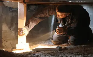 A professional inspecting wooden beams under the floor of a structure in Jersey City, NJ